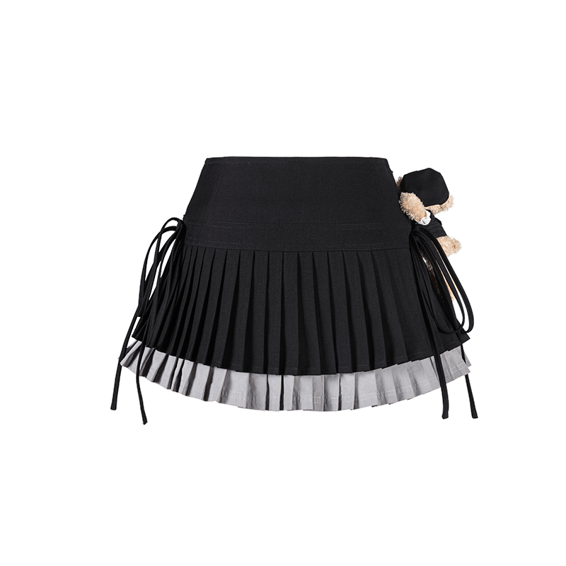 13DE MARZO Faux Rhinestones Double-Layer Pleated Skirt Black - 13DE MARZO