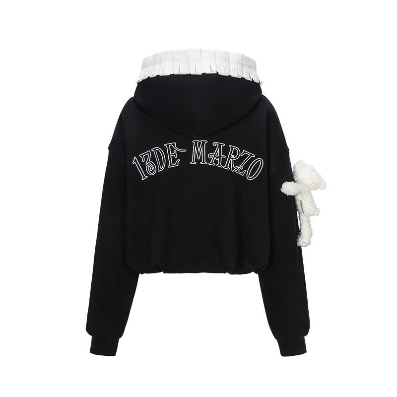 13DE MARZO Lace Edge Zip Hoodie Black