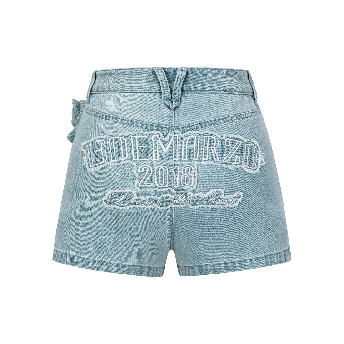 13DE MARZO Denim Frayed Embroidered Shorts - 13DE MARZO
