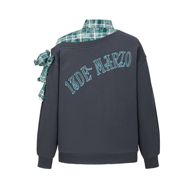 13DE MARZO Splicing Shirt Asymmetrical Shoulder Sweater - 13DE MARZO