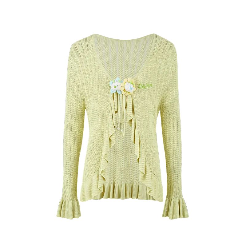 13DE MARZO｜Floral Lines Hollow Cardigan Green