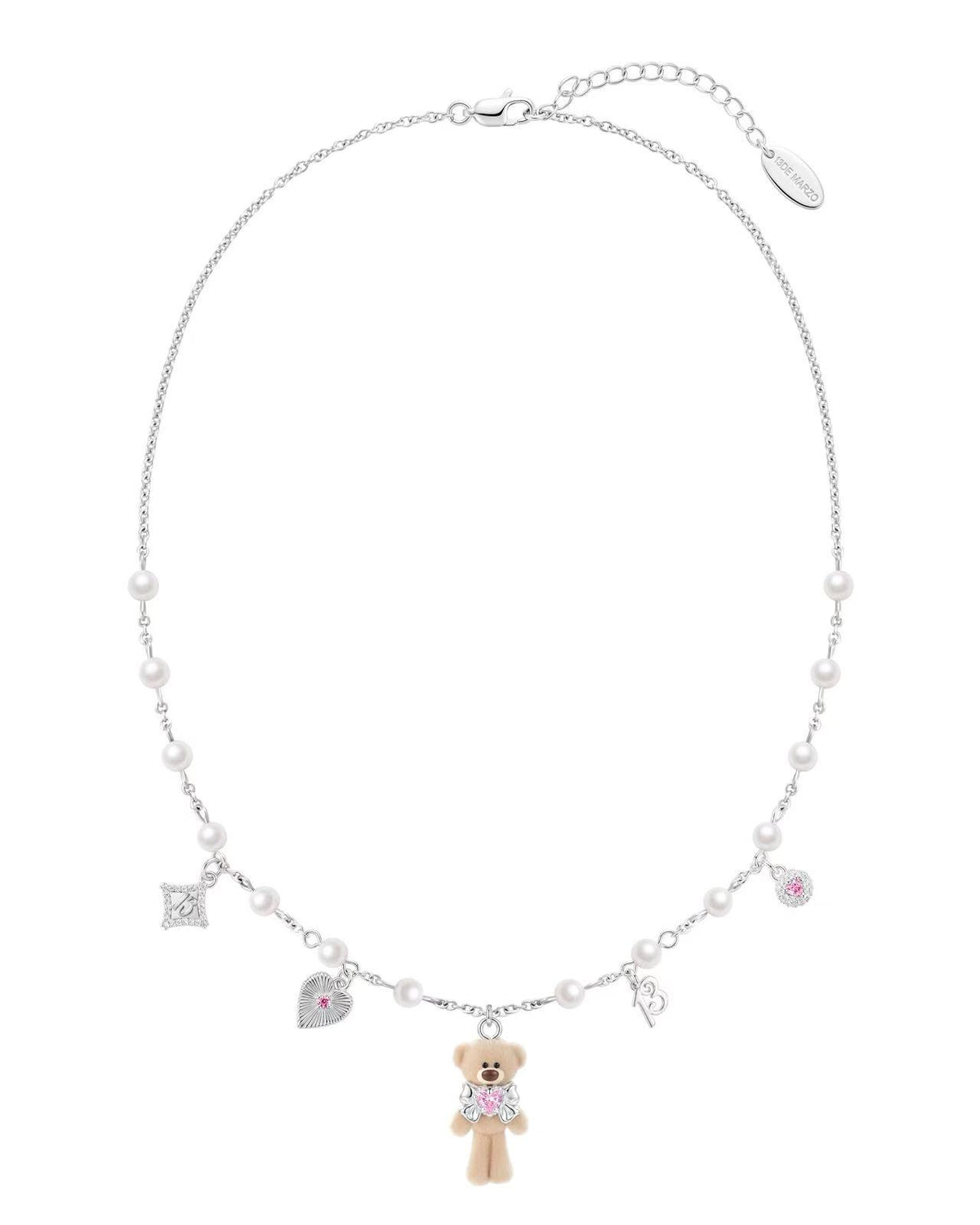 13DE MARZO Bow Heart Flocked Bear Necklace