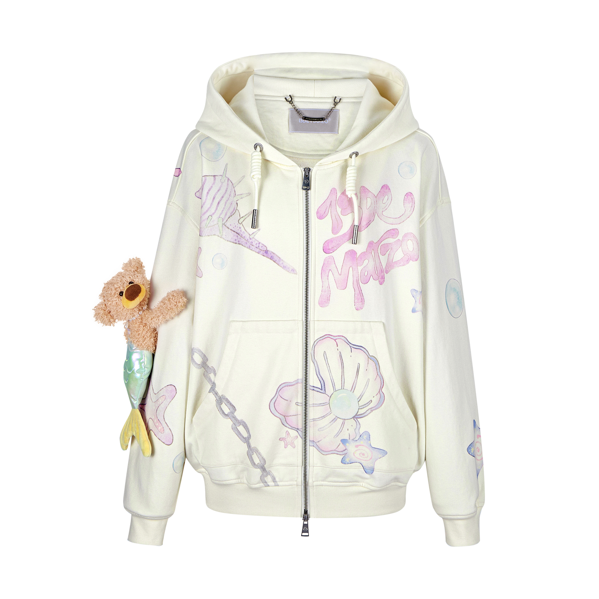 13DE MARZO Ocean-Inspired Graffiti Hoodie with Removable Mermaid Bear 13DE MARZO Ocean-Inspired Graffiti Hoodie with Removable Mermaid Bear
