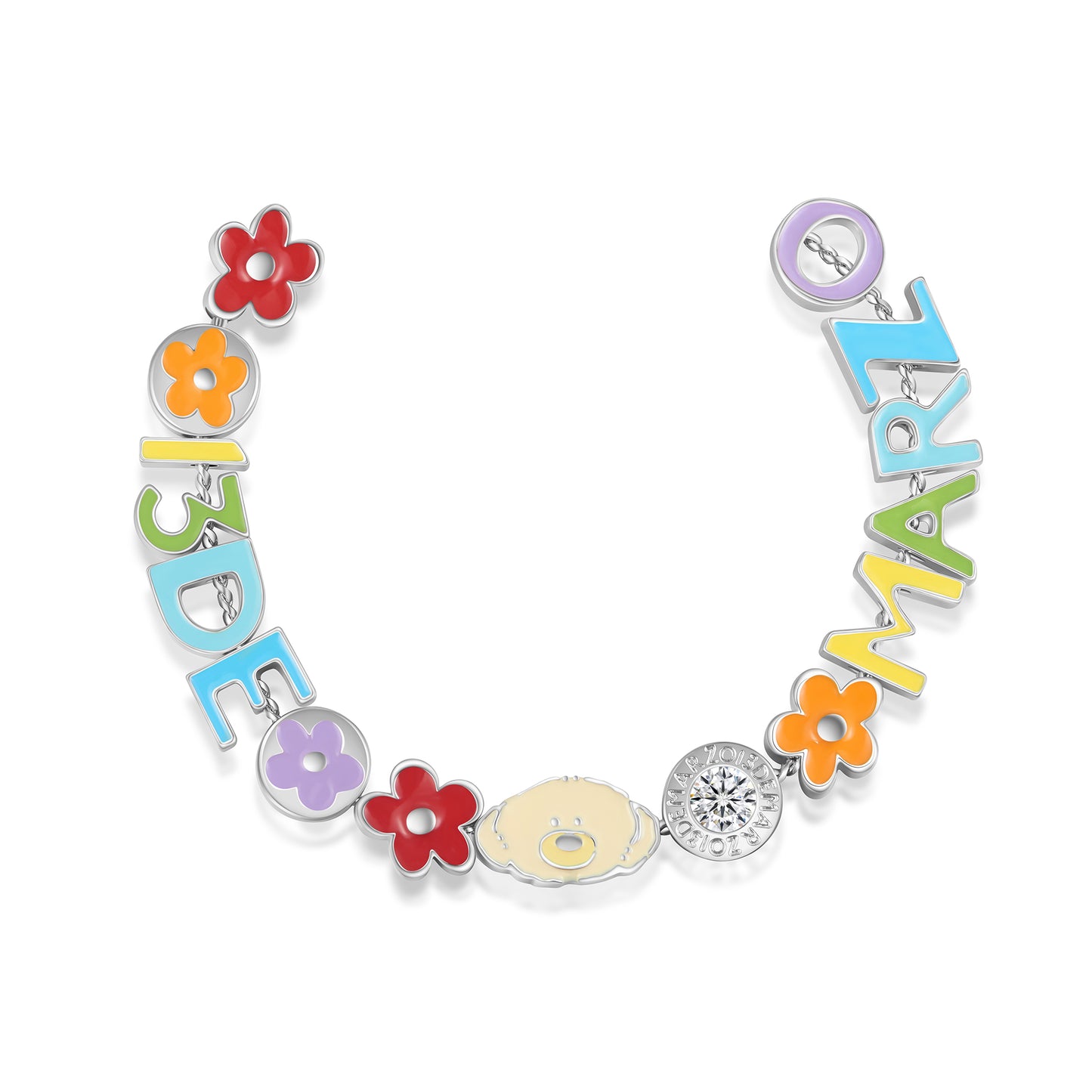 Close-up of the 13DE MARZO Color Logo Floral Bear Beaded Bracelet, a colorful silver piece ideal for friendship and fun accessories.