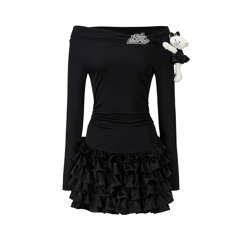 13DE MARZO｜Off-Shoulder Tiered Dress Black