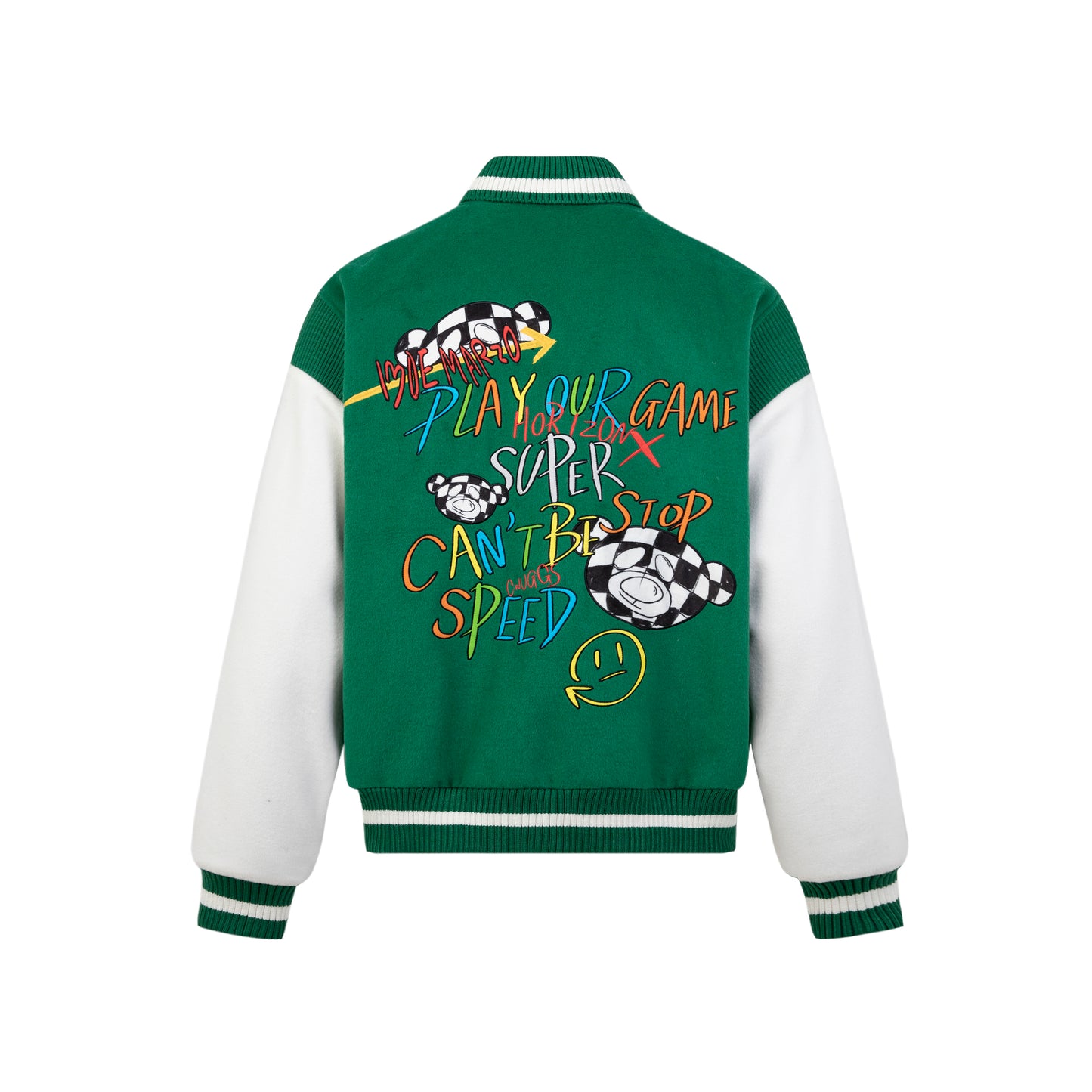 13DE MARZO Street Graffiti Slang Bear Baseball Varsity Jacket - 13DE MARZO