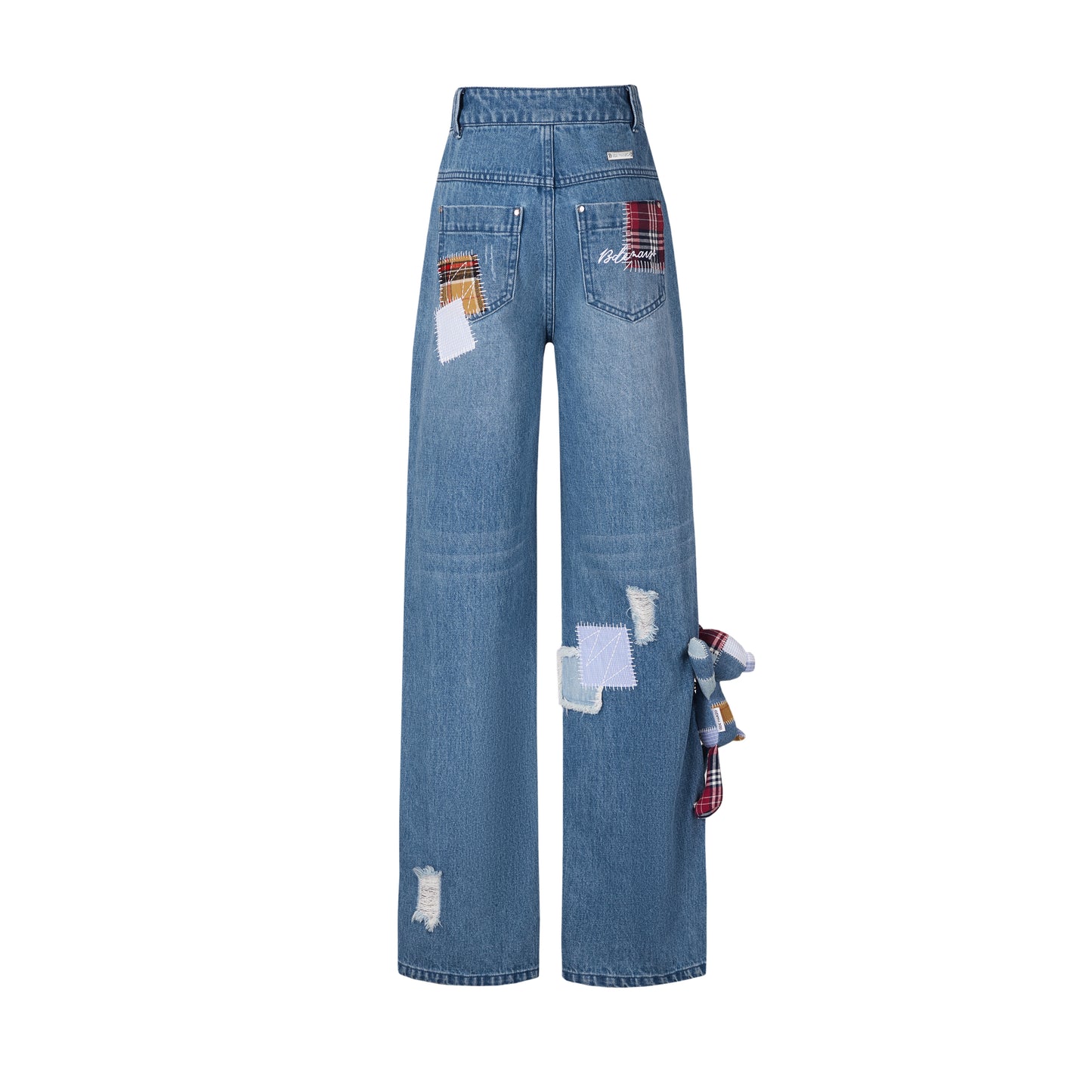 13DE MARZO Denim Bear Plaid Patch Jeans - 13DE MARZO