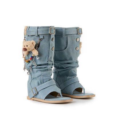 13DE MARZO Denim Flip-Flop Stacked Boots Blue