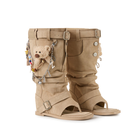 13DE MARZO Denim Flip-Flop Stacked Boots Khaki