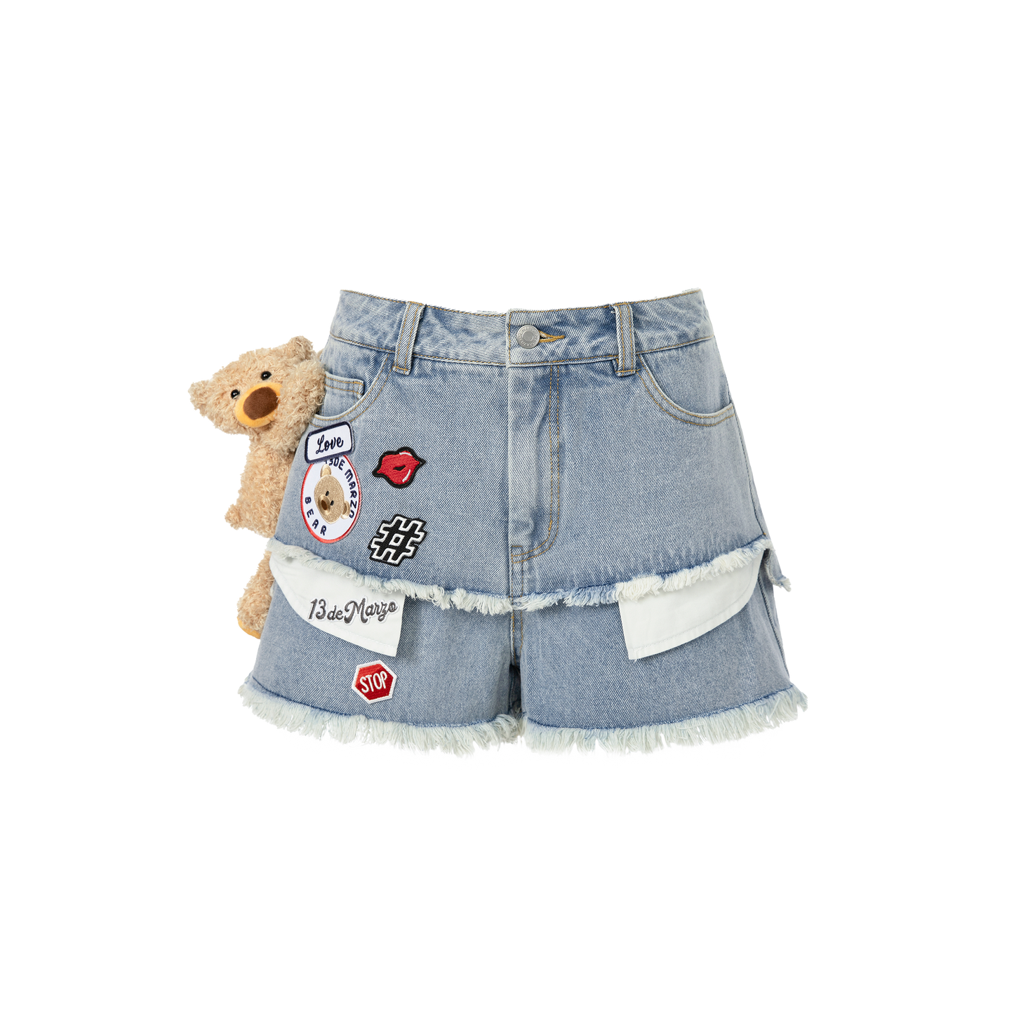 13DE MARZO Logo Patch Bear Denim Shorts