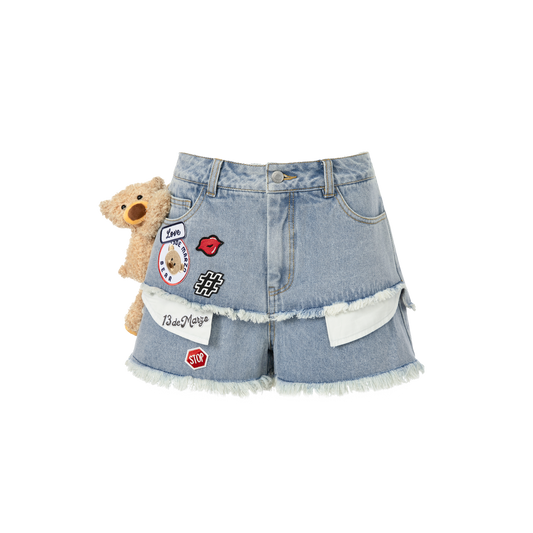 13DE MARZO Logo Patch Bear Denim Shorts