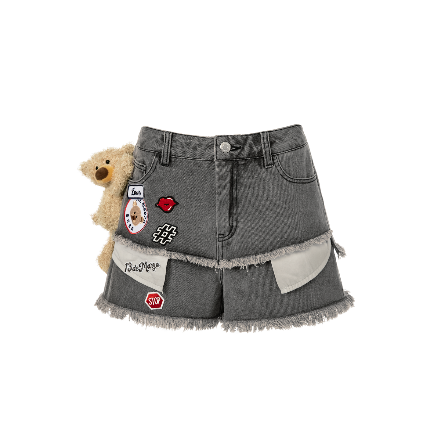 13DE MARZO Logo Patch Bear Denim Shorts