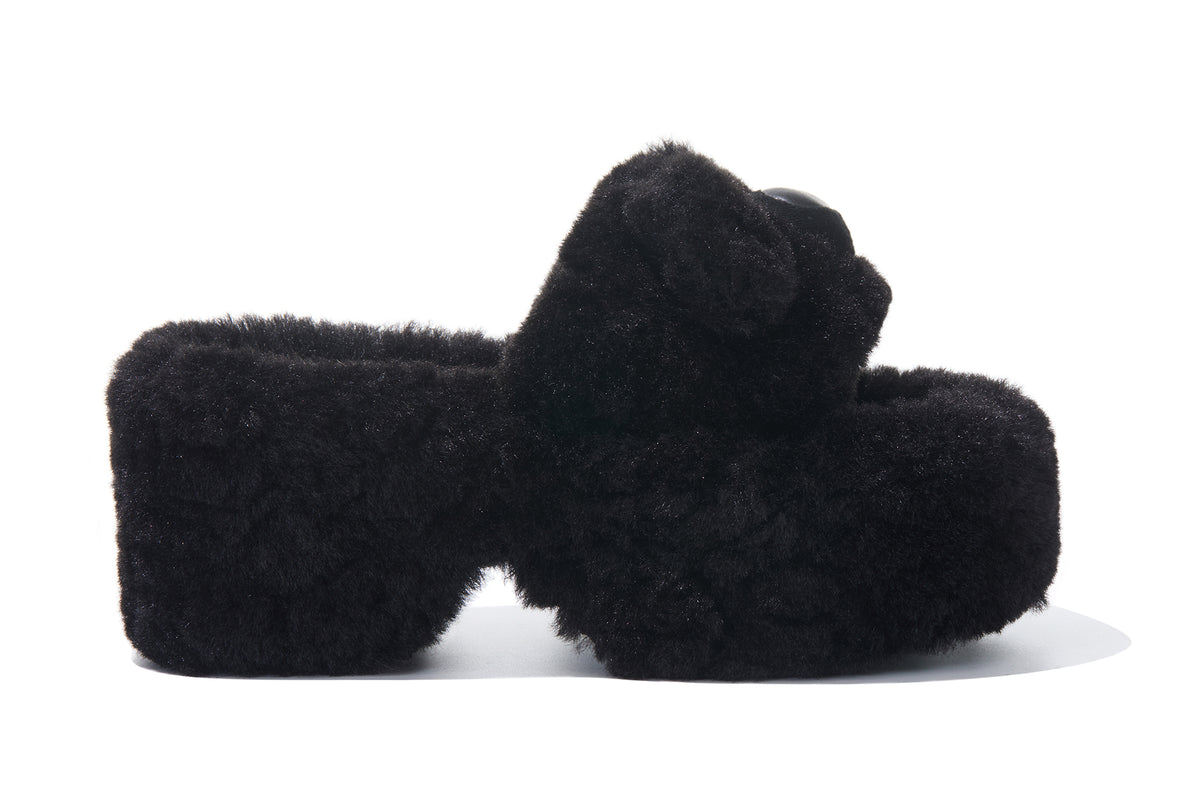 13DE MARZO Furry Bear Head Slippers Black - 13DE MARZO