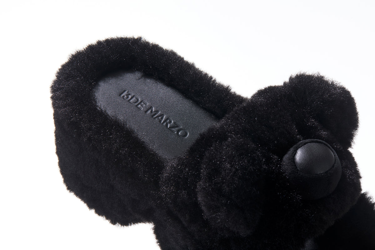 13DE MARZO Furry Bear Head Slippers Black - 13DE MARZO