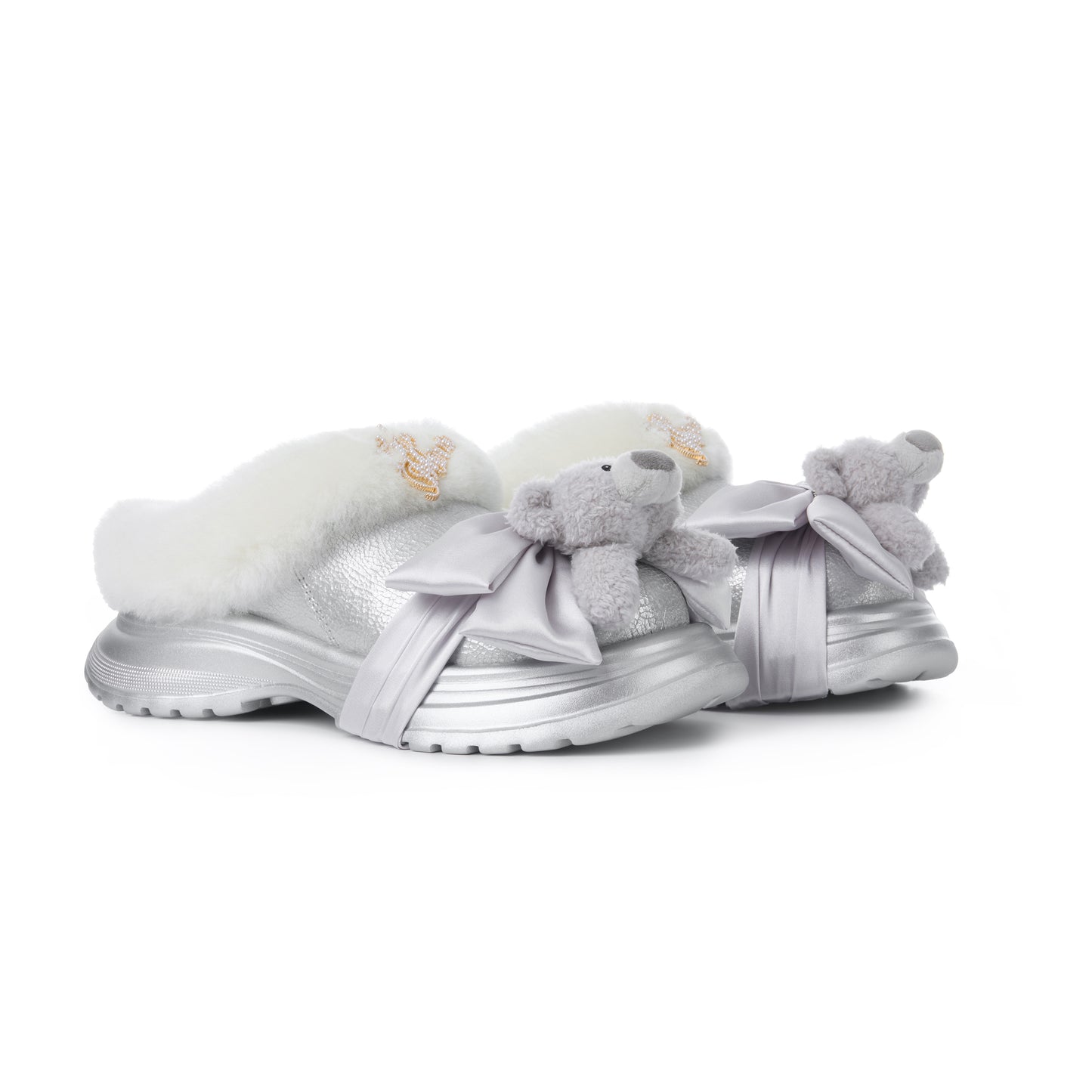 13DE MARZO Bear Fuzzy Snow Slippers Silver