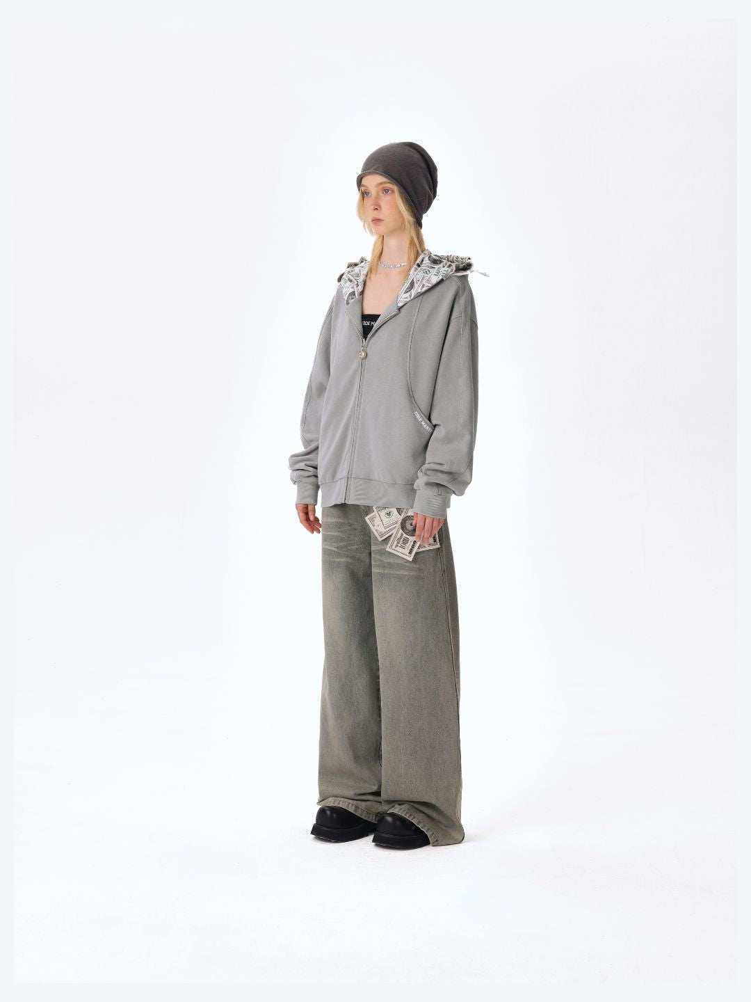 13DE MARZO Bear Cash Zipper Hoodie Grey - 13DE MARZO