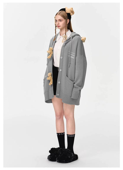 13DE MARZO Bear Button Hood Cardigan - 13DE MARZO