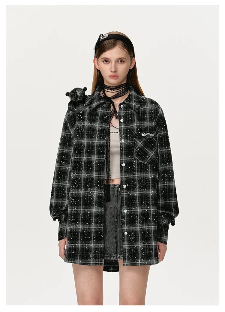 13DE MARZO Bear Rhinestone Plaid Shirt - 13DE MARZO