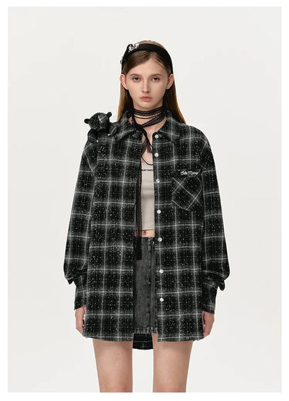 13DE MARZO Bear Rhinestone Plaid Shirt - 13DE MARZO