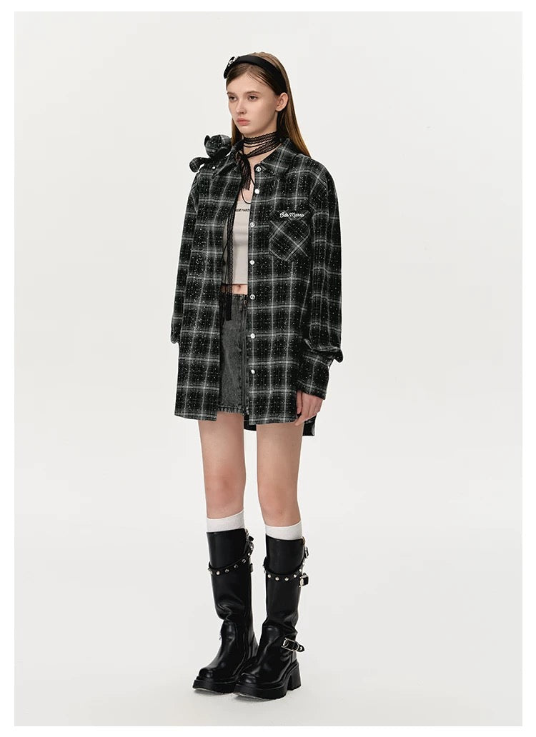 13DE MARZO Bear Rhinestone Plaid Shirt - 13DE MARZO