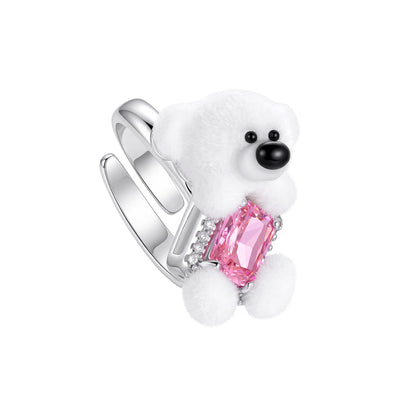13DE MARZO Sugar Cube Zircon Bear Open Ring White
