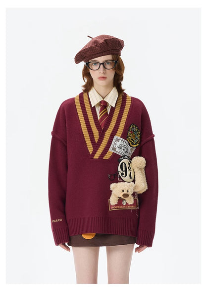 Harry Potter × 13DE MARZO Platform 9¾ Bear V-neck Sweater - 13DE MARZO