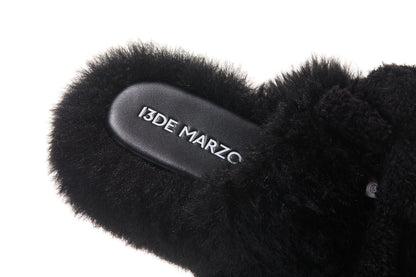 13DE MARZO Furry Single Strap Slippers Black