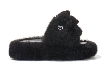 13DE MARZO Furry Single Strap Slippers Black