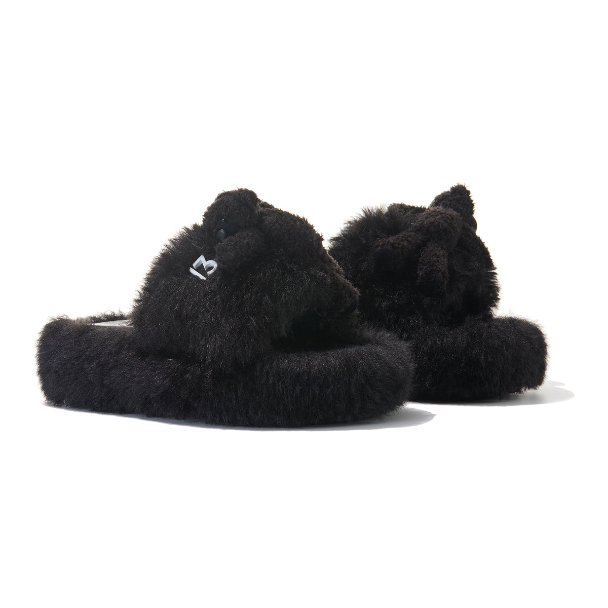 13DE MARZO Furry Single Strap Slippers Black