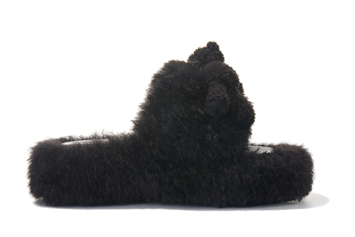 13DE MARZO Furry Single Strap Slippers Black