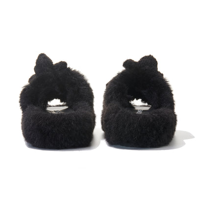 13DE MARZO Furry Single Strap Slippers Black