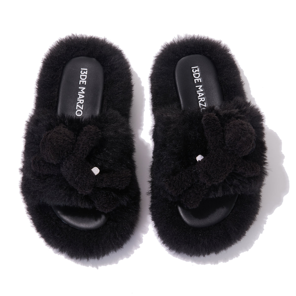 13DE MARZO Furry Single Strap Slippers Black