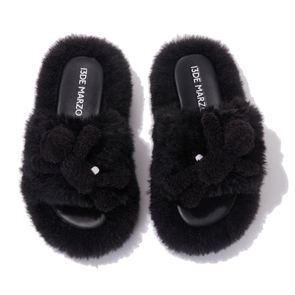 13DE MARZO Furry Single Strap Slippers Black