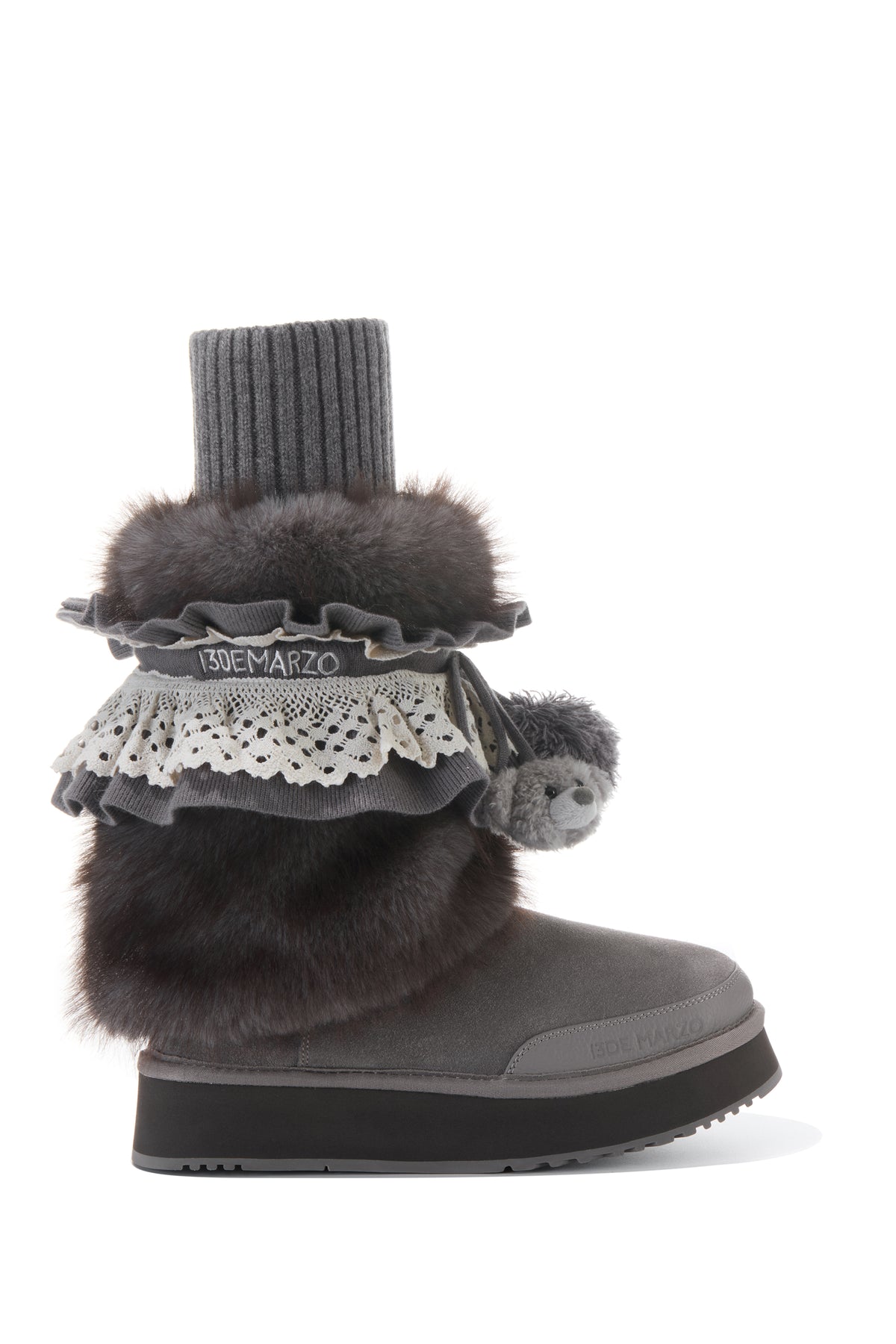 13DE MARZO Lace-Trimmed Lace-Up Snow Boots Grey - 13DE MARZO