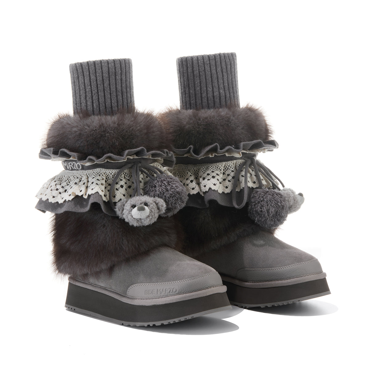 13DE MARZO Lace-Trimmed Lace-Up Snow Boots Grey - 13DE MARZO