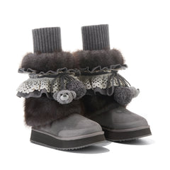 13DE MARZO Lace-Trimmed Lace-Up Snow Boots Grey