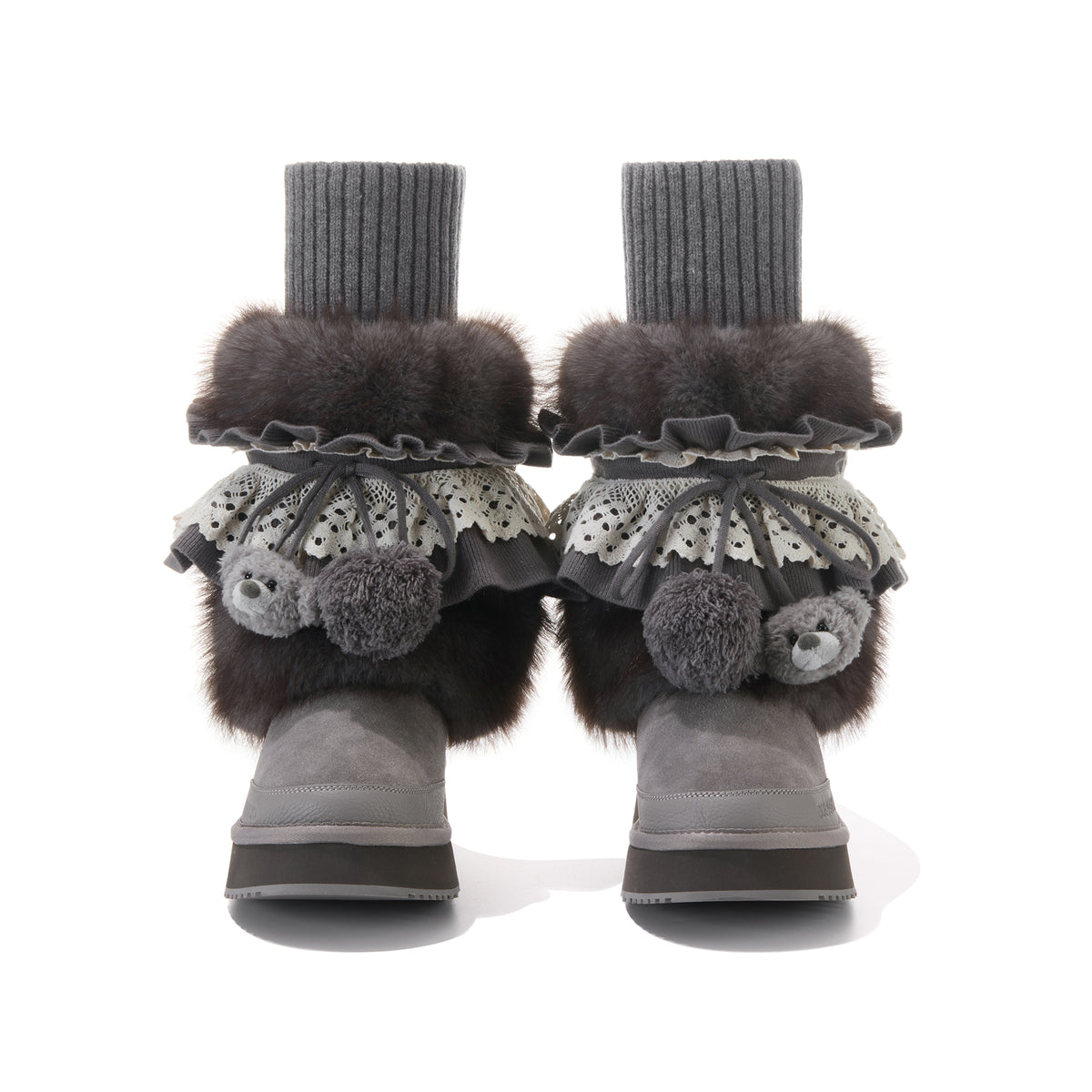 13DE MARZO Lace-Trimmed Lace-Up Snow Boots Grey - 13DE MARZO