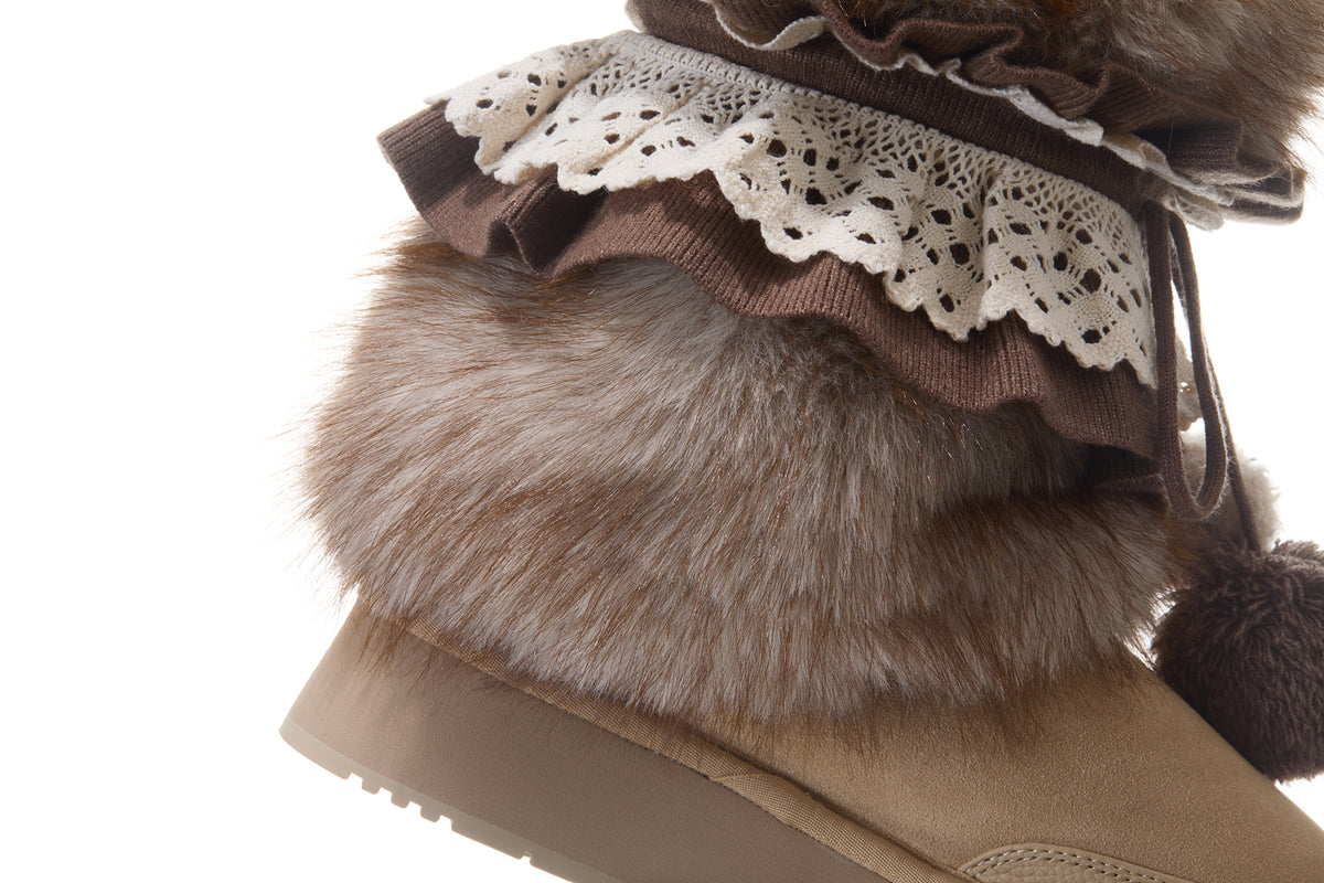 13DE MARZO Lace-Trimmed Lace-Up Snow Boots Khaki - 13DE MARZO