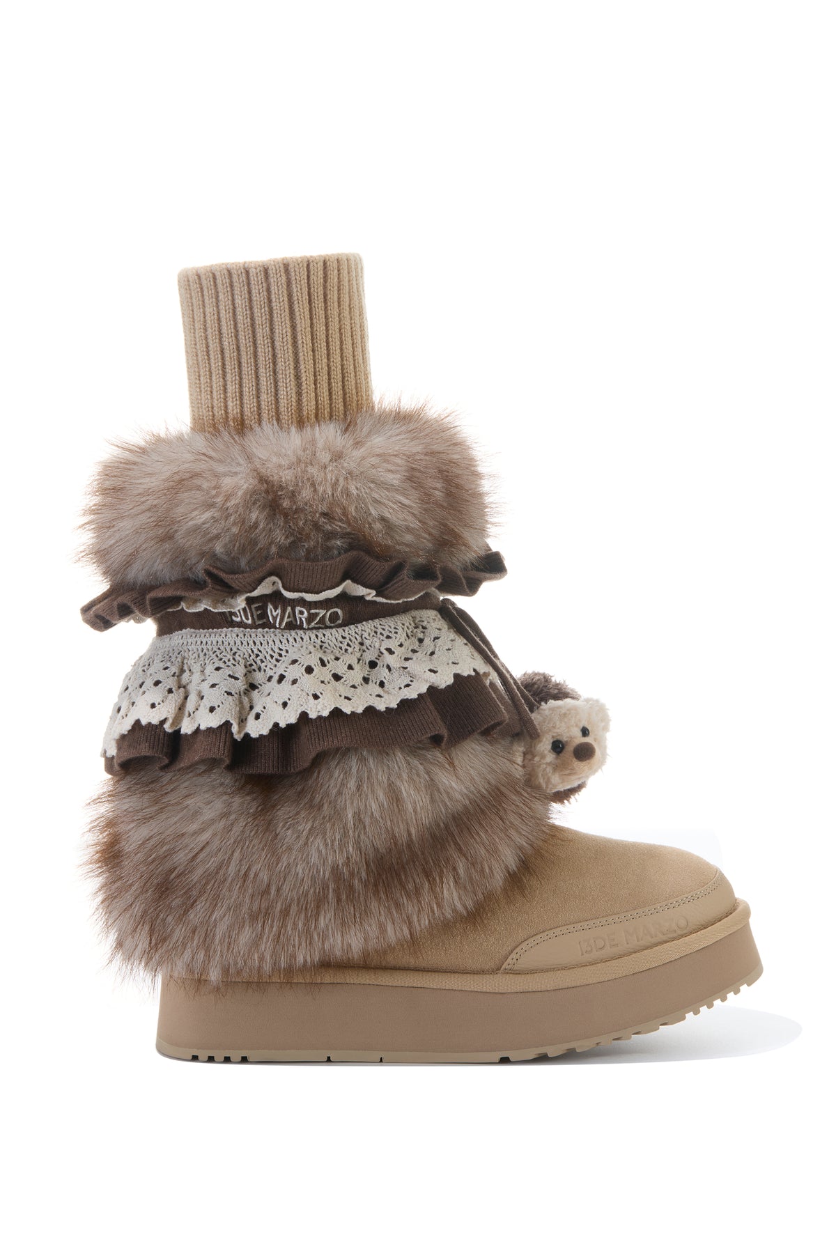 13DE MARZO Lace-Trimmed Lace-Up Snow Boots Khaki - 13DE MARZO