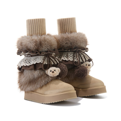 13DE MARZO Lace-Trimmed Lace-Up Snow Boots Khaki - 13DE MARZO