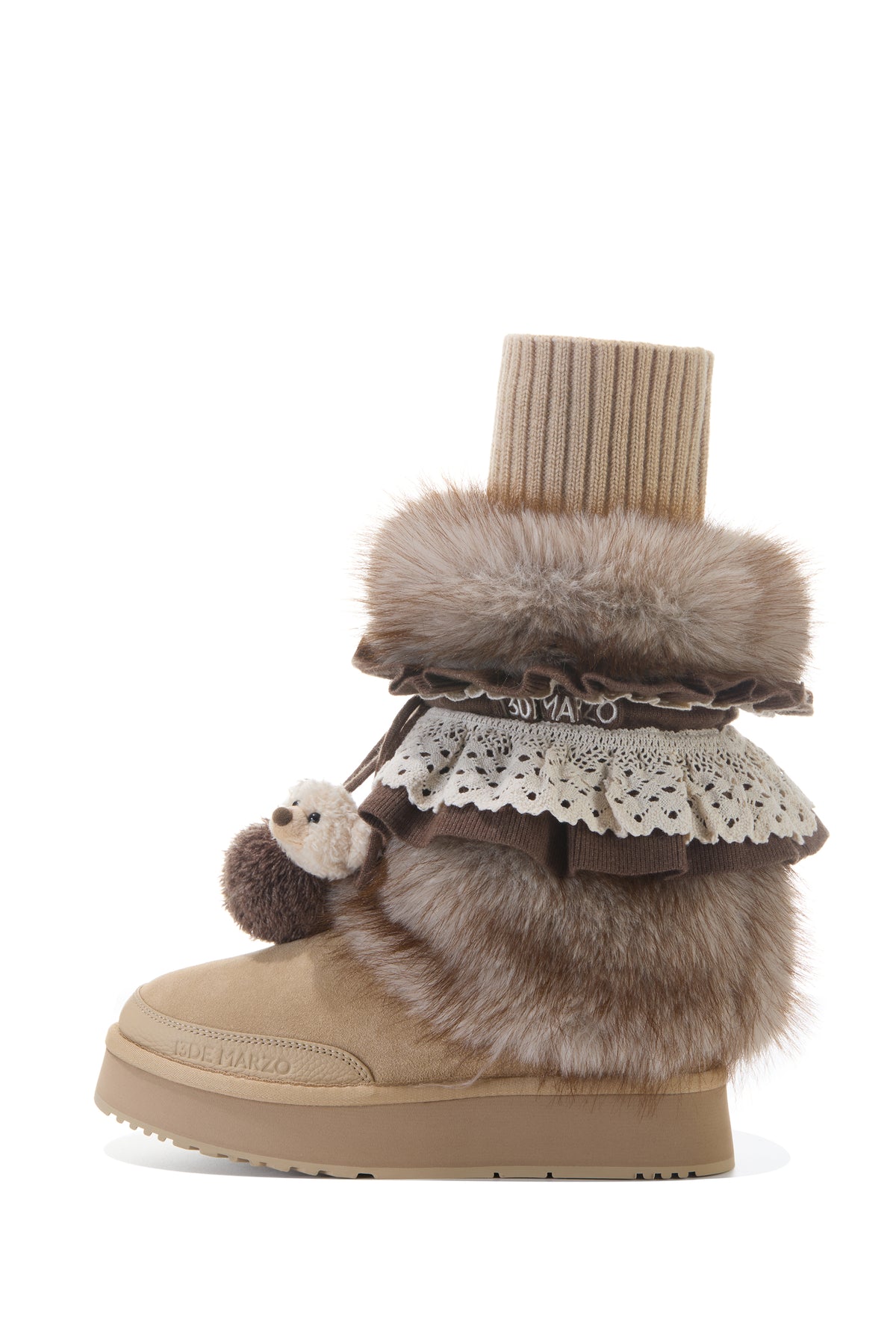 13DE MARZO Lace-Trimmed Lace-Up Snow Boots Khaki - 13DE MARZO