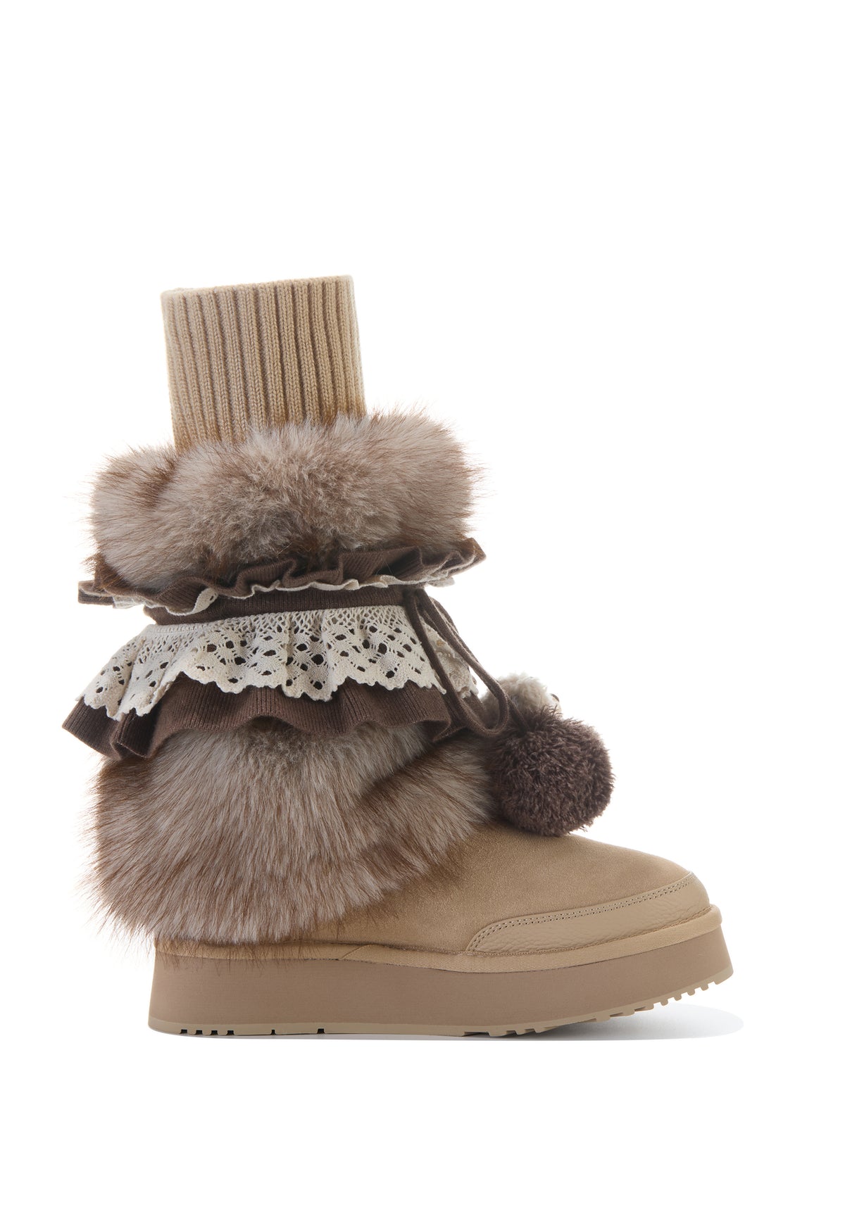 13DE MARZO Lace-Trimmed Lace-Up Snow Boots Khaki - 13DE MARZO