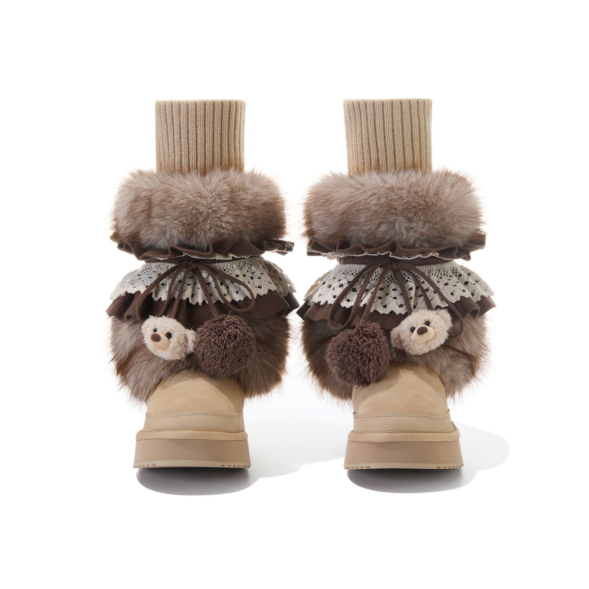 13DE MARZO Lace-Trimmed Lace-Up Snow Boots Khaki - 13DE MARZO