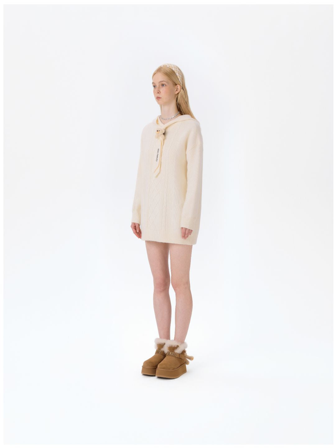 13DE MARZO Bear Knit Hoodie Dress Beige - 13DE MARZO