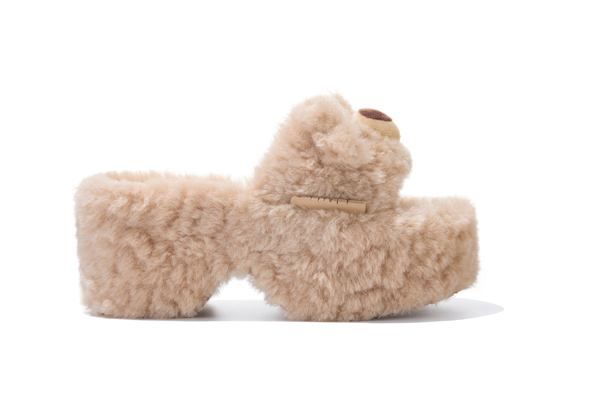 13DE MARZO Furry Bear Head Slippers Khaki - 13DE MARZO