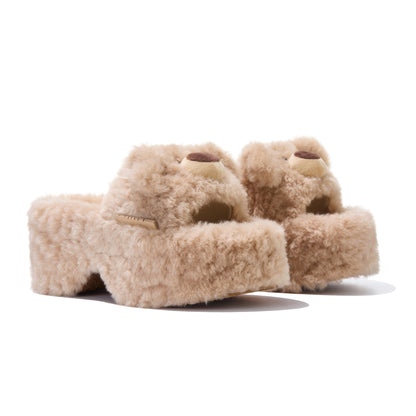 13DE MARZO Furry Bear Head Slippers Khaki - 13DE MARZO