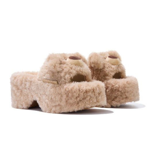 13DE MARZO Furry Bear Head Slippers Khaki - 13DE MARZO