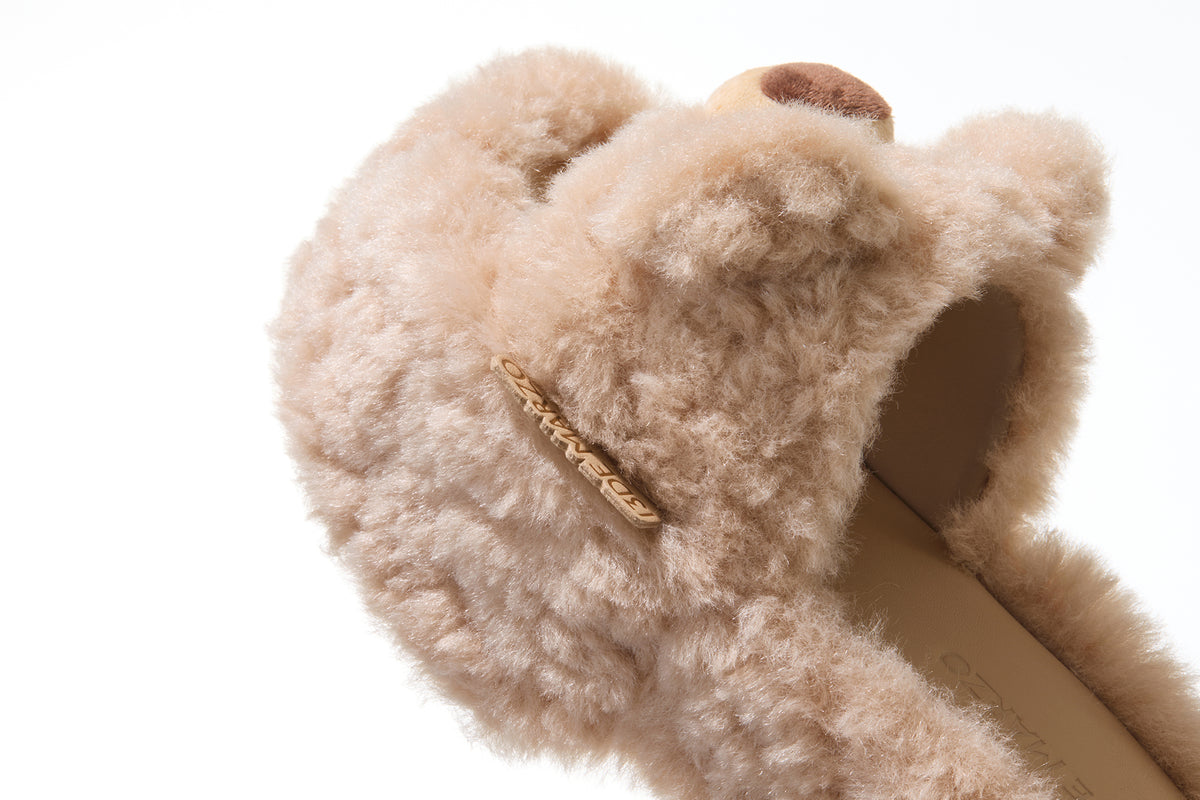13DE MARZO Furry Bear Head Slippers Khaki - 13DE MARZO