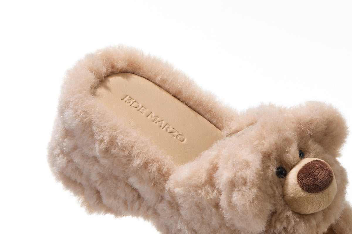 13DE MARZO Furry Bear Head Slippers Khaki - 13DE MARZO