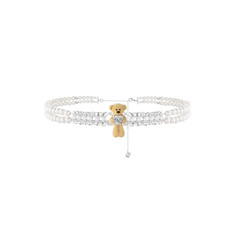 13DE MARZO Bear Pearl Bow Zircon Heart Necklace - 13DE MARZO
